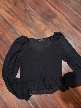 Black Swiss Dot Puff-Sleeve V-Neck Blouse